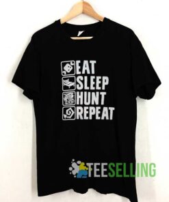 Eat Sleep Hunt Repeat Icons T-Shirt with hunting symbols design, funny hunter lifestyle graphic tee for deer hunters, outdoorsmen, hunting season apparel, camouflage style hunter gift shirt.